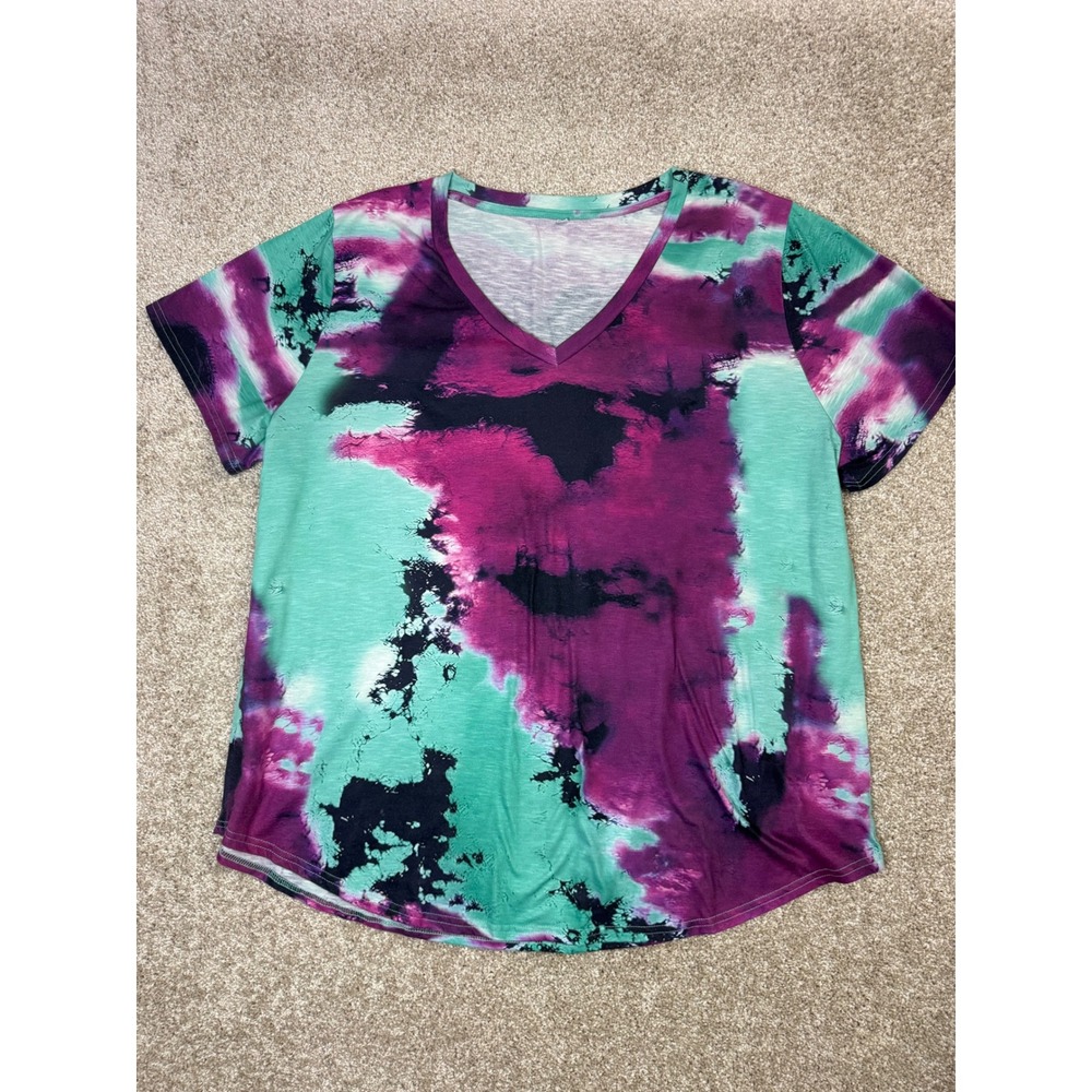 Purple Teal Tie Dye V-Neck Short Sleeve Top Plus Size 3XL GTBA 62